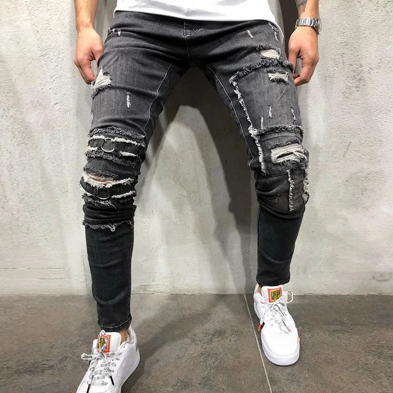 Популярные облегающие рваные джинсы с дырками, мужские обтягивающие рваные потертые джинсы с рюшами, потертые джинсовые брюки-карандаш, осенние мужские брюки
