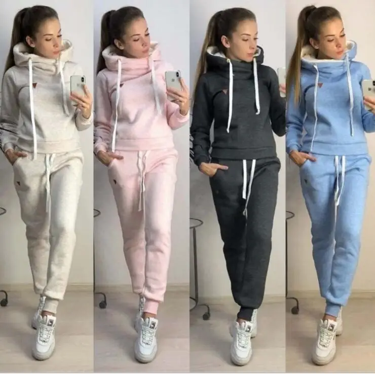 

2019 Tracksuit Autumn Winter Women's Suit Letter Printed Thick Hooded Sweatshirt + Patchwork Long Pant 2 Piece Set Warm Set