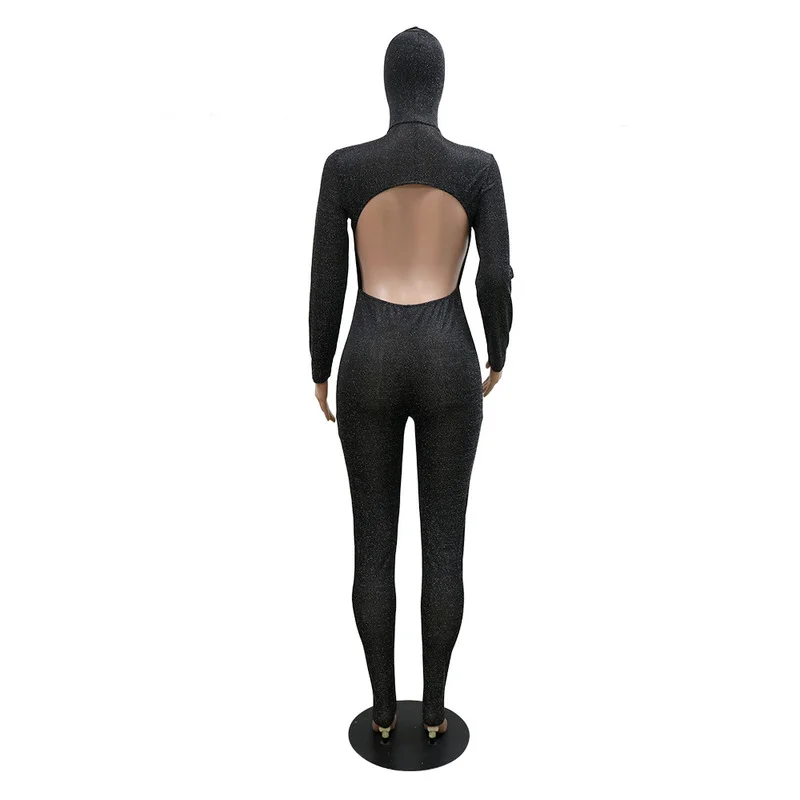 Black Sexy Hollow Out Backless Skinny Rompers Womens Jumpsuit with Mask Long Sleeve Bodycon One Piece Catsuit Casual Club Outfit