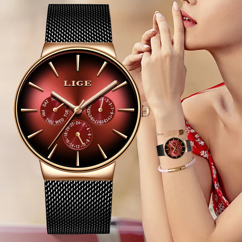 LIGE Fashion Women Watch Top Brand Luxury Ladies Mesh Belt Ultra thin Watch Stainless Steel Waterproof Quartz Watch Reloj Mujer|Women’s Watches| -…
