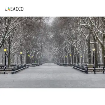 

Laeacco Winter Snow Park Tree Street Lamps Road Photography Backgrounds Vinyl Customize Photographic Backdrops For Photo Studio