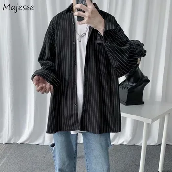 

Men Shirts Long Sleeve Striped Pocket Simple Turn-down Collar Single Breasted Loose 2XL Casual Stylish Breathable Male Tops Chic
