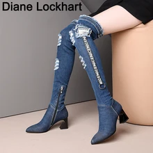Женские джинсовые сапоги больших размеров 42-43 Ковбойские Сапоги выше колена без застежки ковбойская обувь на массивном каблуке женские туфли