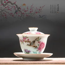 Hand-painted San Cai Gaiwan Chinese Handmade Kung Fu Tea Set Cups Set Ceramic Tea Bowl with Saucer Porcelain Tureen