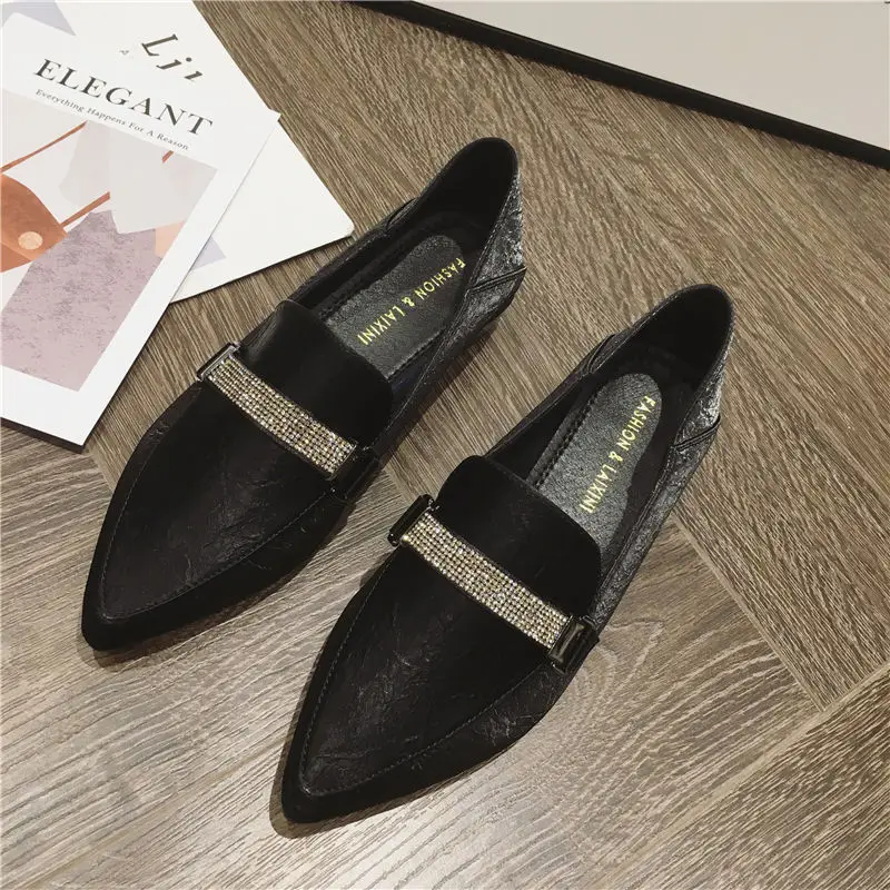 Черный Pointed toe crystal woman flats solid leather brief soft bottom shoes college student rhinestone loafers slip on shallow moccasins - Цвет: Черный