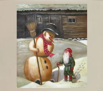 

Hand Painted Santa Claus Talking with Snow Man Christmas Wall Decoration Painting Modern Christmas Portrait Oil Painting