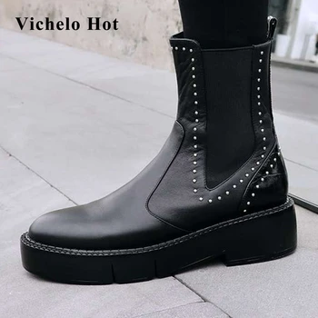 

Vichelo Hot natural leather round toe med heel rivet decoration simple style classic colors beauty lady fashion ankle boots L11
