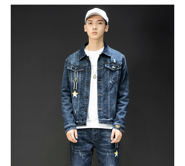 Новинка, синий комплект из двух предметов, модная джинсовая куртка, штаны, спортивная одежда для мужчин, с буквенным принтом, осенняя брендовая одежда, куртки+ штаны, мужские комплекты