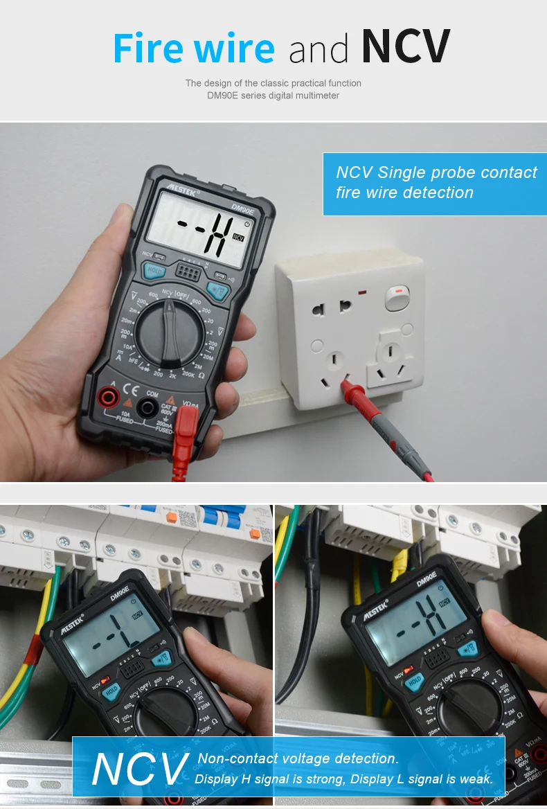 Mestek DM90E NCV Цифровой мультиметр 1999 отсчетов переменного/постоянного тока измеритель напряжения, светильник-вспышка, задний светильник с большим экраном, мультиметр