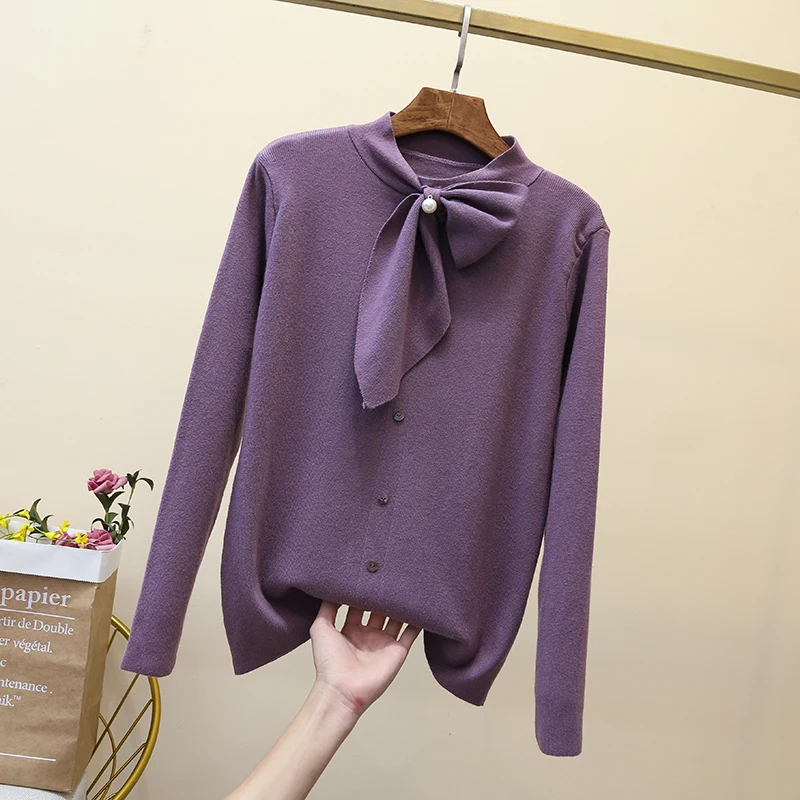 

HAMALIEL New 2019 Fall Winter Women Pullovers Fashion Solid Color Bow Knitted Long Sleeve Sweater Top Female Button Loose Jumper