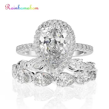 

Rainbamabom 925 Solid Sterling Silver Pear Created Moissanite Gemstone Engagement Ring Sets Wedding Band Fine Jewelry Wholesale
