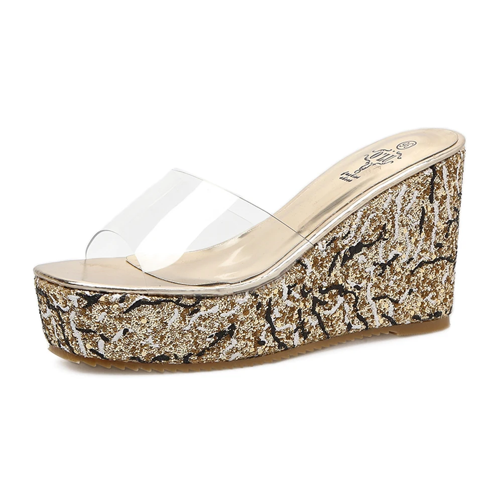 

2020 Women Crystal sequin Wedges Sandal 9.5cm High Heel 4cm Platform Slide Slippers Luxury Design Summer Beach Shoes Dress Shoes
