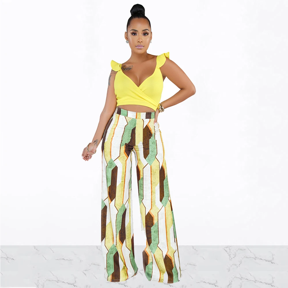 

Women Sexy 2 Piece Set Petal Sleeve V-Neck Crop Tops + Plaid High Waist Wide Leg Pants Tracksuit Casual Streetwear Matching Sets