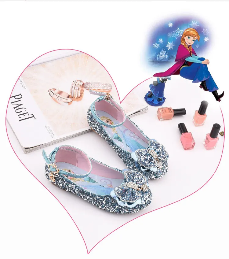 Детская кожаная обувь принцессы Эльзы Детский с бантиком для девочек свадебная обувь модные модельные туфли со стразами кроссовки для вечеринки для девочек