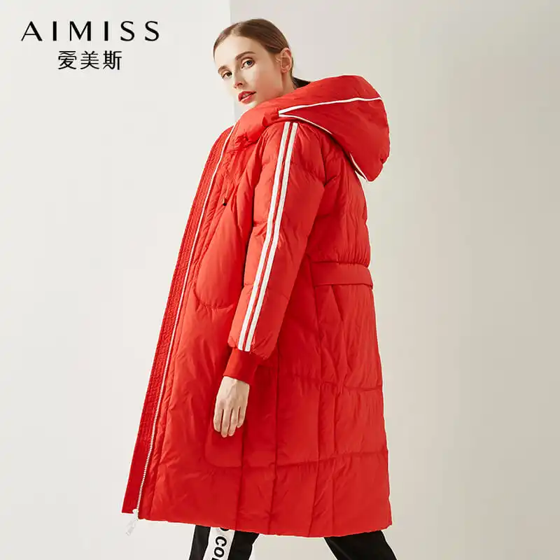 

AIMISS Brand Fashion Women Down Jacekt Striped Patchwork Hooded Full Sleeves Zipper Loose Dark Down Coat Women Winter