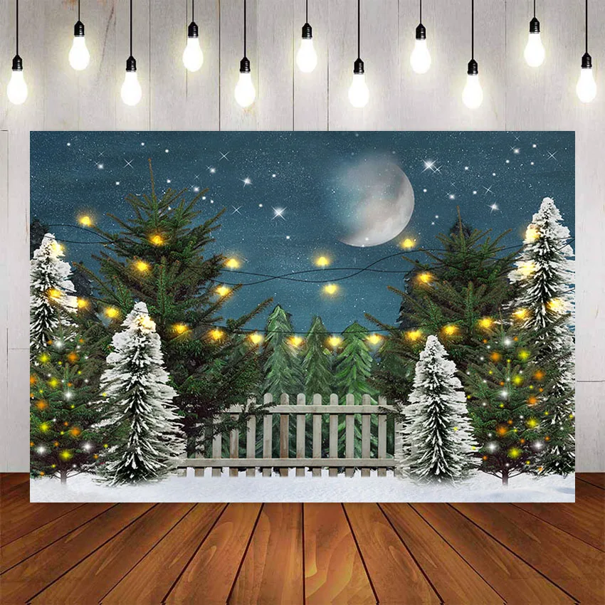 

Photography Background Winter Snowflake Christmas Tree Moon Flashing Lights Decoration Christmas Backdrops for Photo Studio