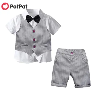 

PatPat 2020 New Summer 3-piece Toddler Boy Gentleman Solid Shirt and Striped Vest with Shorts Set for Kids Boy