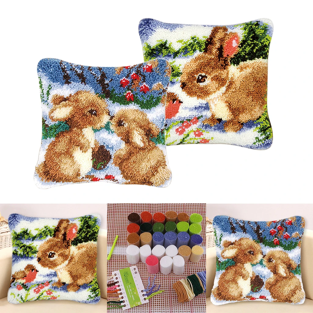 2 Set 43x43cm Cute Rabbits Latch Hook Kits Pillow Making Crafts for Kids Adults Craft