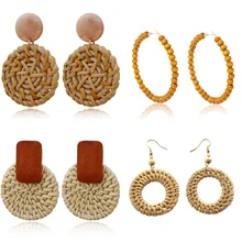 Серьги "солома" женские Ретро правильной геометрической формы, модный круглый деревянный бисер серьги для женщин Преувеличенные трендовые корейские серьги