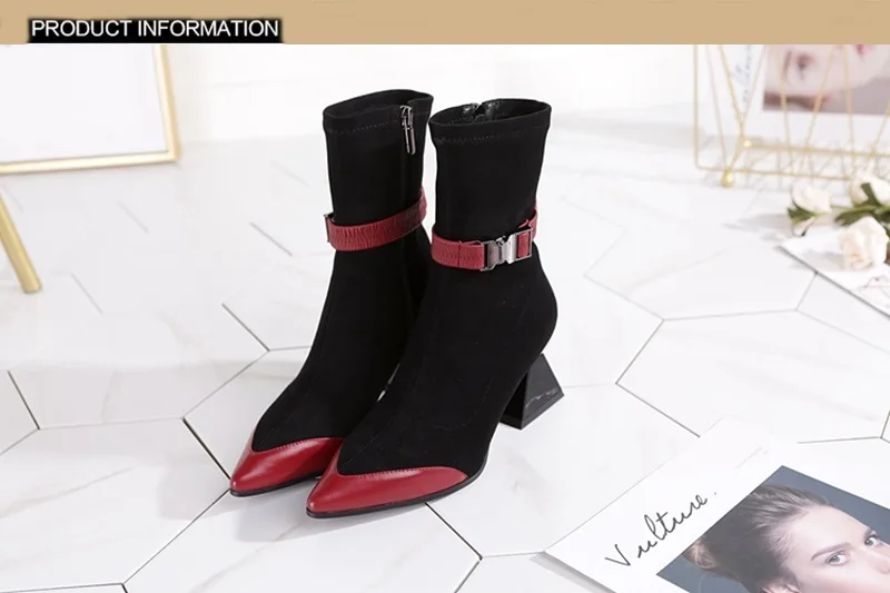 Необычный стиль; Брендовые женские носки до лодыжки на высоком каблуке; кожаные ботильоны для женщин с острым носком; Осенняя обувь; модные черные туфли-лодочки
