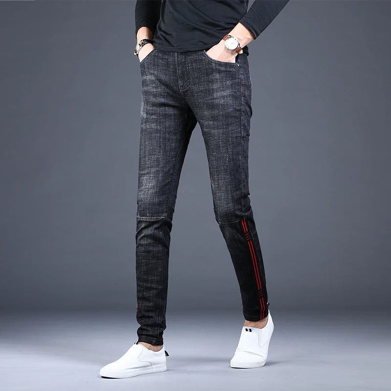 Men Black Jeans Fashion Side Stripe Slim Fit Pencil Pants Korean Style Casual Stretch Denim Trousers