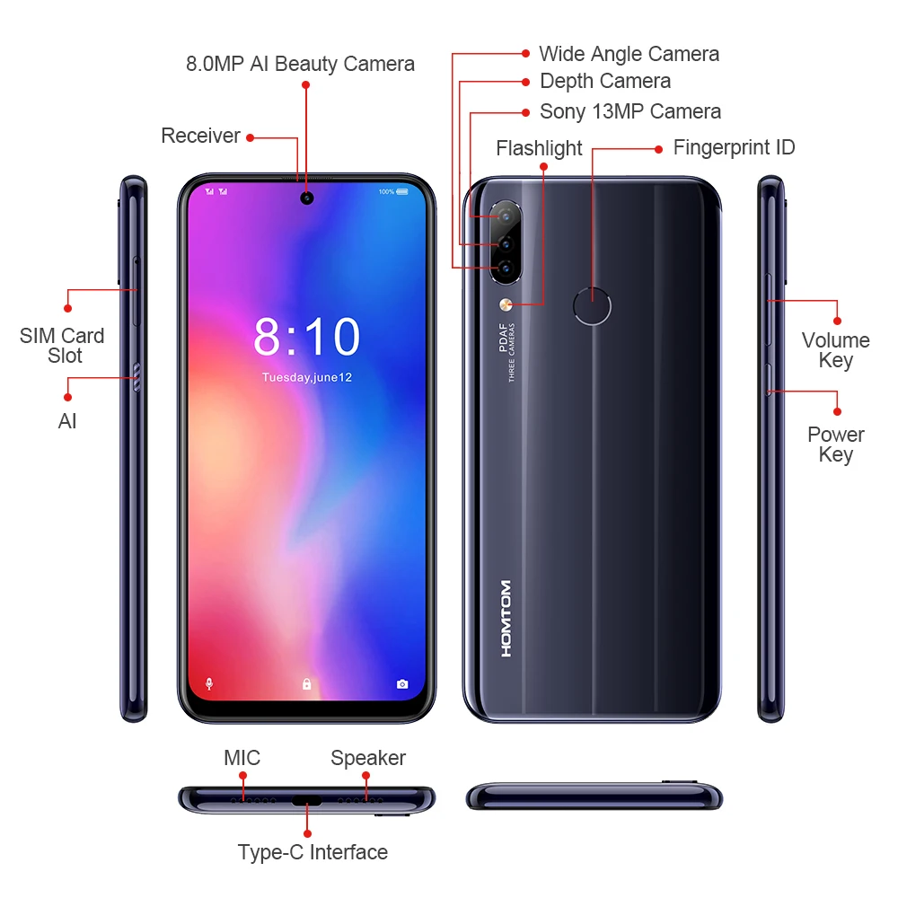 HOMTOM P30 pro Android 9,0 MTK6763, четыре ядра, 4 ГБ, 64 ГБ, стеклянный чехол, смартфон, 6,41 дюймов, 4000 мАч, 4G, 13 МП, тройная камера, мобильный телефон