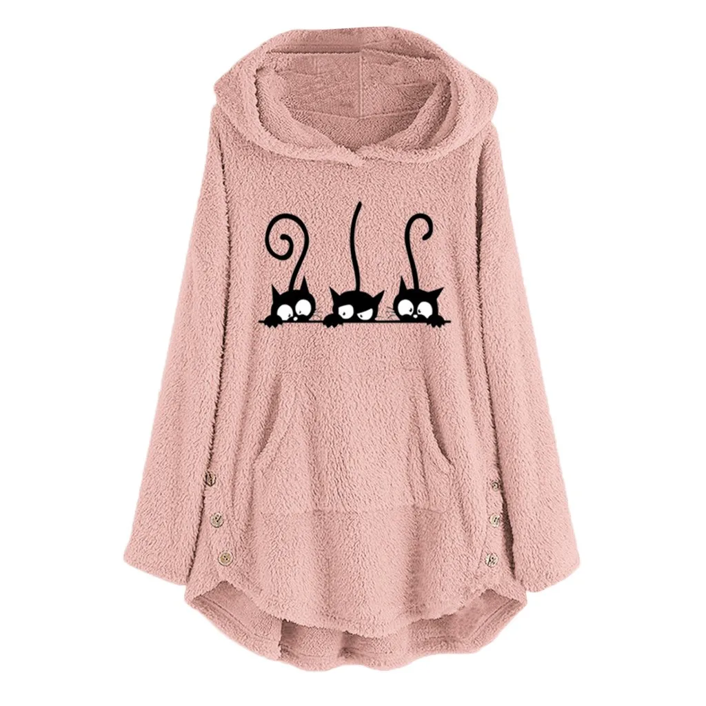  Hoodies Sweatshirts Womens Fleece Cat Embroidery Plus Size Pullover Warm Hoodie Top Button Blouse F