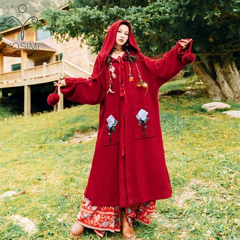 

YOSIMI 2019 Autumn Winter Maxi Long Women Coat with Hooded Pius Size Loose Full Sleeve Red Open Stitch Cloak X-Long Poncho Cape