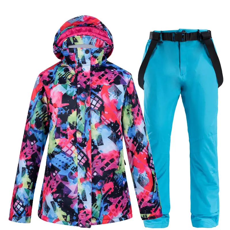 Блестящий женский лыжный костюм, женские комплекты для сноубординга, водонепроницаемые ветрозащитные зимние спортивные костюмы для улицы, зимняя куртка+ нагрудник, лыжные штаны - Цвет: Picture Jackat pant