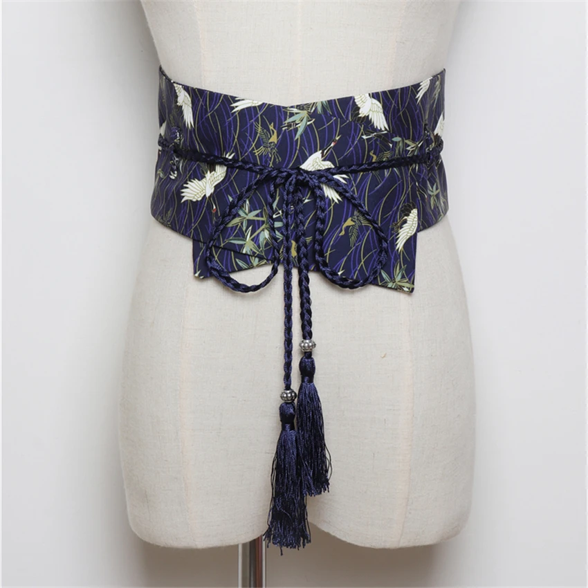 Japanese Style Women Kimono Dress Belt Floral Crane Haori Obi Dresses Men Waistband Traditional Ukiyo-e Streetwear Accessories