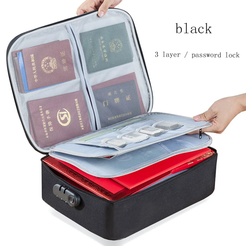 black-password lock Сумка для хранения документов, бытовая многослойная Большая вместительная многофункциональная сумка, отделочная сумка для паспорта, одиночная цепная посылка для карт - Цвет: black-password lock