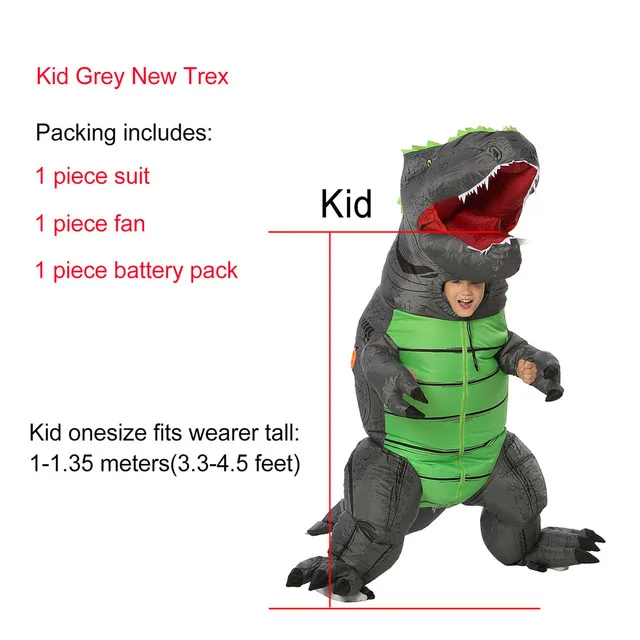 JYZCOS надувной костюм динозавра T REX костюмы наездника Пурима карнавальный костюм на Хэллоуин для мужчин, женщин и детей - Цвет: Small Kid New Grey