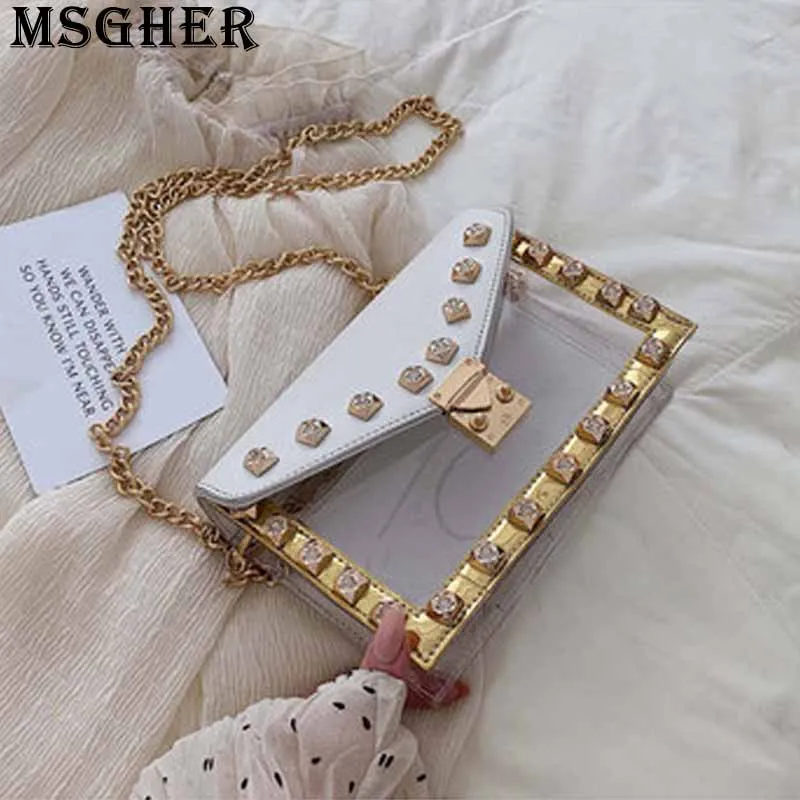 

MSGHER Clear Jelly Flap Women Bag Summer Fresh Diamond Rivet Hasp Slender Metal Chain Shoulder New Age Style Female Bag WB2731