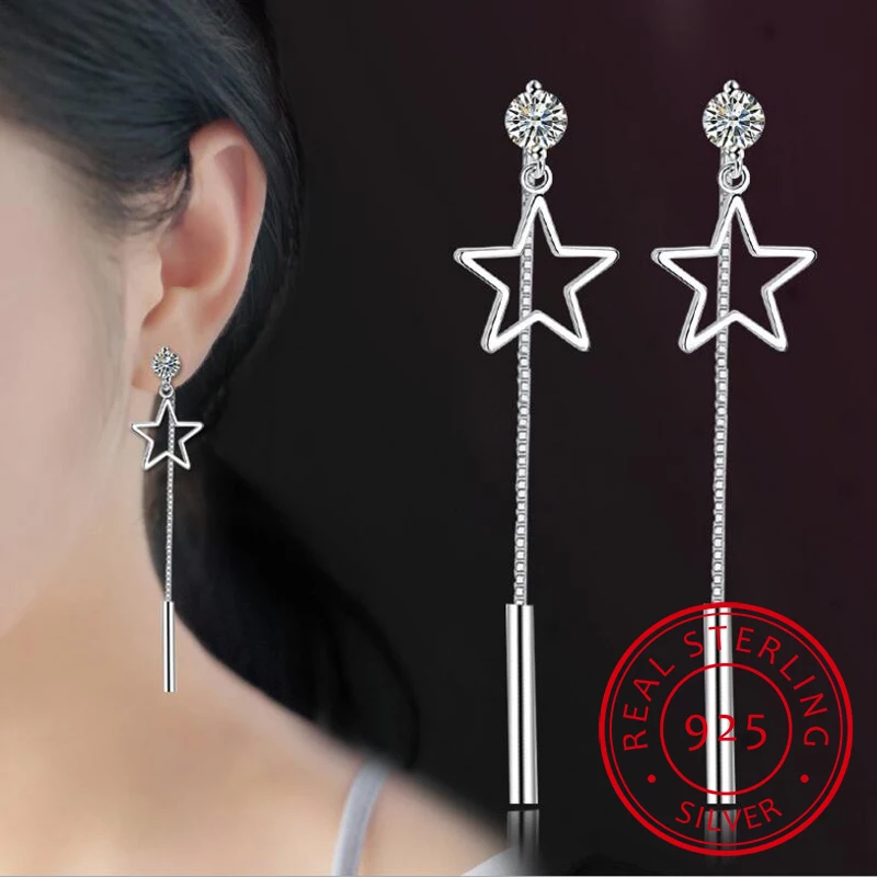 Orecchini Color Argento Con Timbro 925 Per Donna Orecchini Lunghi Con Nappe A Stella Con Zirconi Catena Per L'Orecchio Oorbellen Boucles D'Oreilles S-