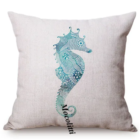 Blue Ocean Animal Sea Turtle Conch Watercolor Decorative Sofa Throw Pillow Cover Lobster Sea Horse Shell Pattern Cushion Cover M122-4