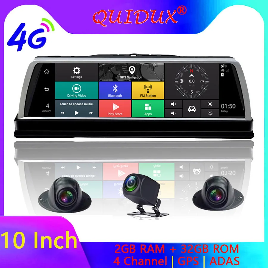 

QUIDUX 360-degree panoramic 4CH Cameras lens 10" Touch Android Navi car camera gps rear view mirror ADAS WIFI dvr drive recorder