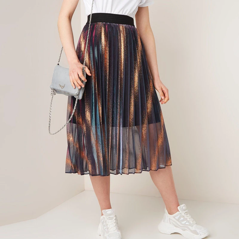 

Flectit Pleated Iridescent Long Skirt Metallic Striped Elasticated Waist Flowy Sheer Skirt Women 2019 New Fashion Outfits *