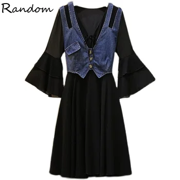 

Women Elegant Chiffon Demin Patchwork Party Dress Autumn Female 2020 Long Sleeve High Wait Bandage Fashion Dresses Sexy Cloth