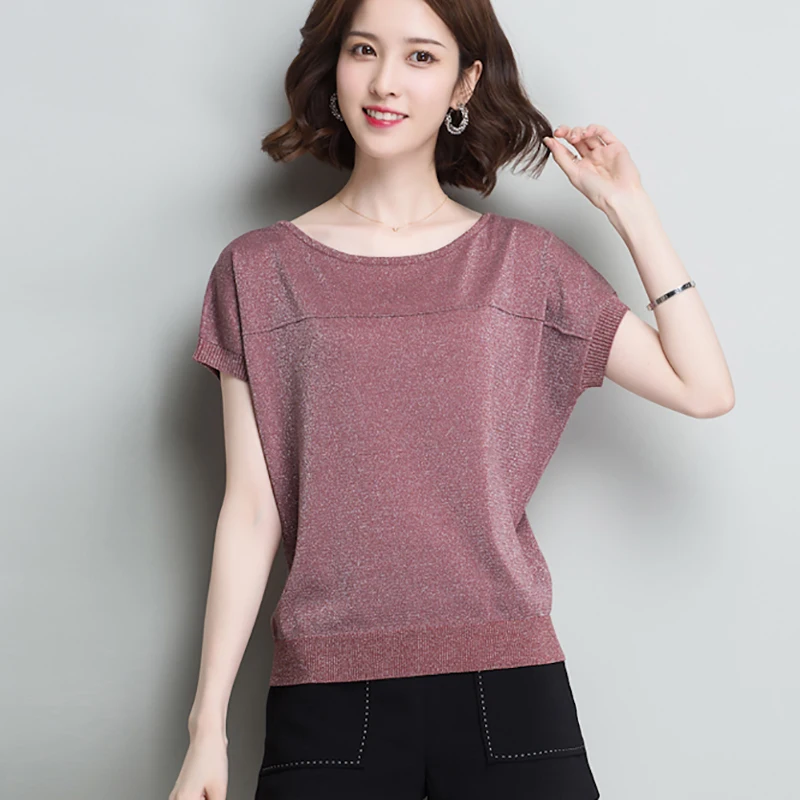Bright Silk Knitted T Shirt Women Bat Short Sleeve Summer Tops 2020 Casual T-Shirt Female Woman Clothes Loose Tee Shirt Femme