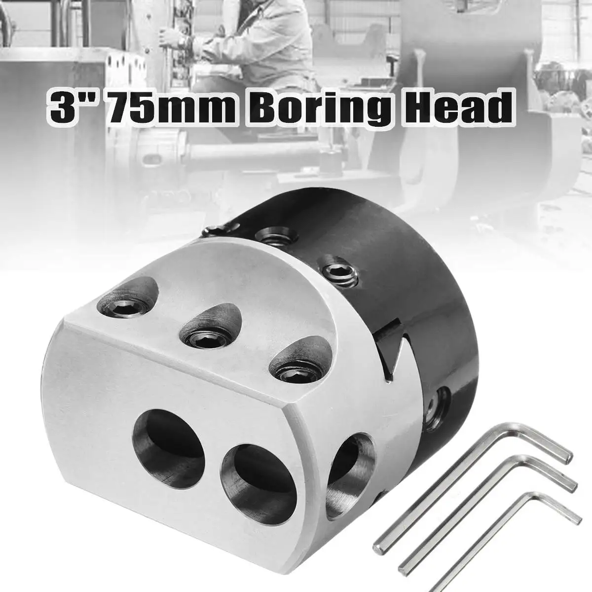 

3'' 75mm Boring Head Lathe Milling Tool Holder +3 Wrench for 3/4'' Hole Boring Cut