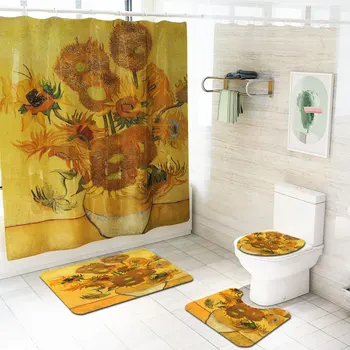 

2020 New Pattern Waterproof Sunflowers Printing Shower Curtain Toilet Cover Bath Mat Non-Slip Rug Set