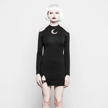 

PUNK RAVE Women's Gothic Strapless Shoulder Fork Dress Knit Club Stage Performance Sexy Long Sleeve Mini Dress