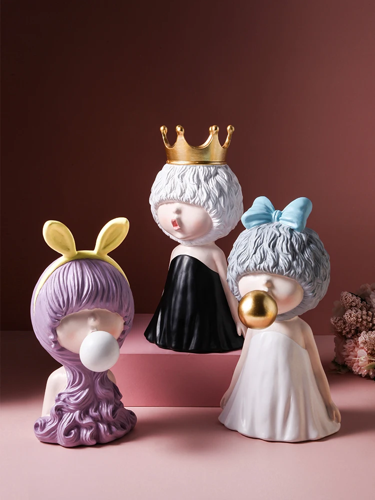 Modern Ins Style Gorgeous Girls Figurines With Crown/Bubble/Bow Ornaments Cute Girl Sculpture Room Decor Crafts Resin Statue NEW Modern Ins Style Gorgeous Girls Figurines With Crown/Bubble/Bow Ornaments Cute Girl Sculpture Room Decor Crafts Resin Statue NEW