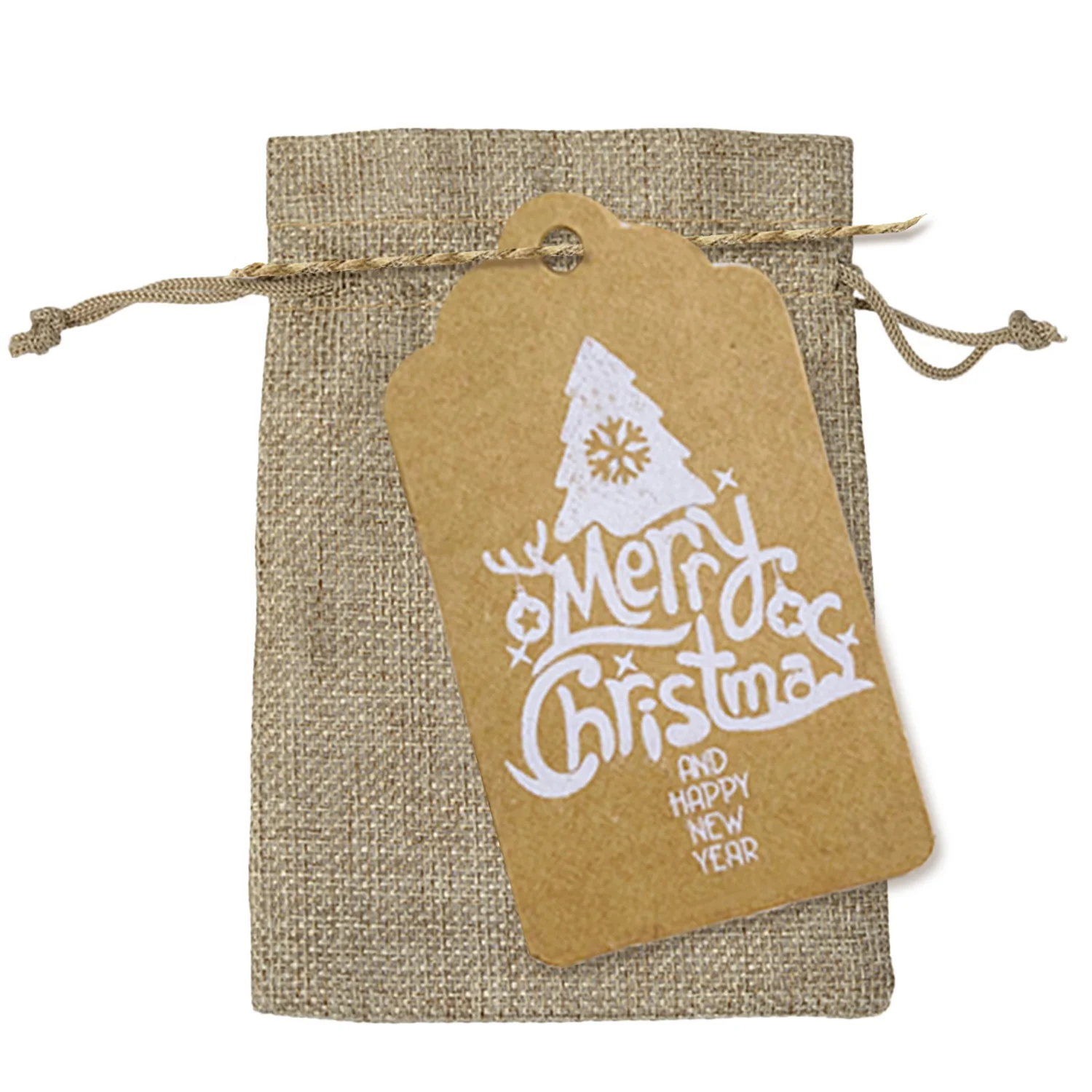 Behogar 25pcs Christmas Santa Sacks Burlap Goodie Bags+ 25pcs Xmas Tags+ 16ft Hemp Rope for Christmas Party Favors Kids Gifts