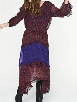 

2020 New Summer Silk V-neck Women's Midi Dress Vintage Floral Patchwork Long Sleeve Ladies Flowers Print Soft Dresses Holiday