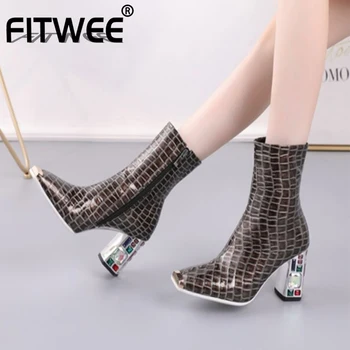

FITWEE Women Shoes Ankle Boots Square Toe Thick High Heel Zipper Colorful Crystal Stone Pattern Female Footwear Size 34-48