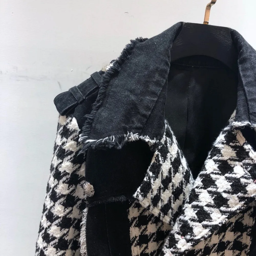 2019FW осень, зима новая женская клетчатая Лоскутная джинсовая куртка Женский жакет в стиле кэжуал верхняя одежда ddxgz2