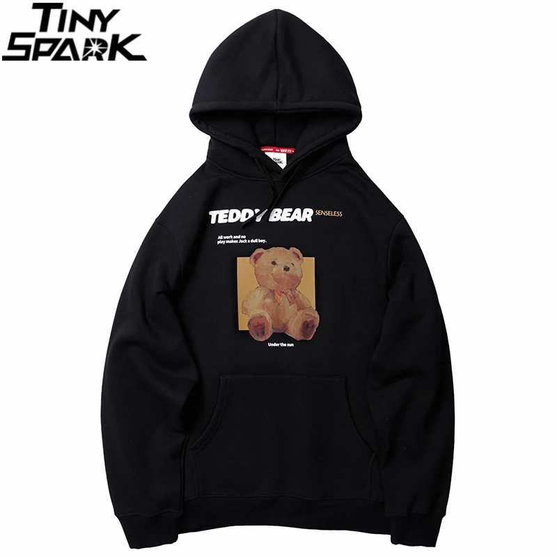 Hoodies Sweatshirt Pullover Fleece Streetwear Winter Black Bear-Print Cotton Hip-Hop