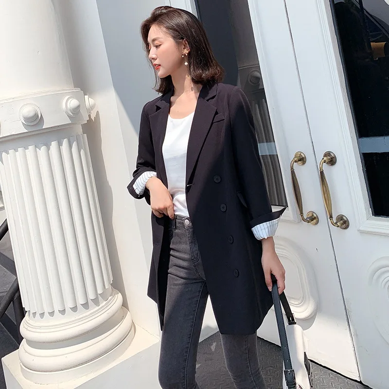 

Double Breasted Suit Jacket Women's Sense of Design Non-mainstream Korean-style Loose-Fit Medium-length Blazer Retro Hong Kong S