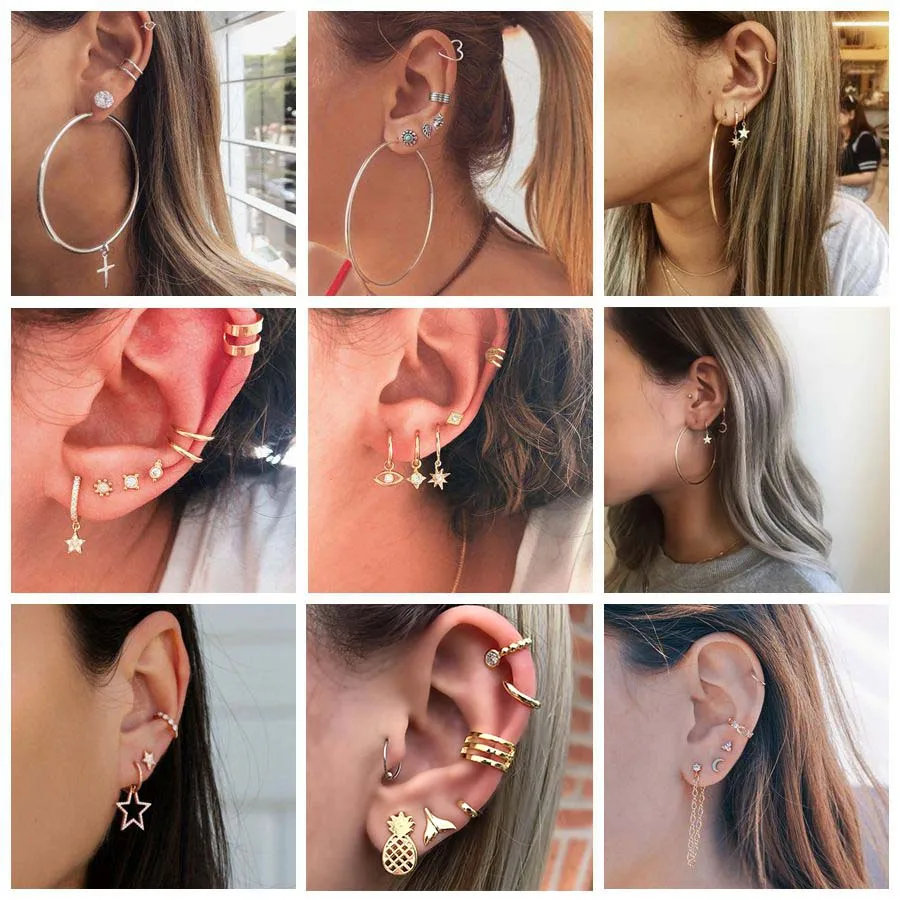 

15 Style Vintage Gold Silver Crystal Circle Stud Earring Newest Heart Moon Star Cross Tassel Cuff Hoop Earrings Set For Women